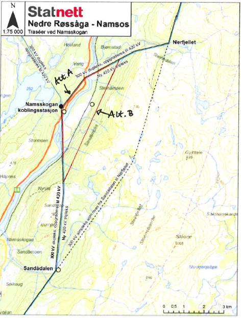 Traseen vil også måtte krysse E6 to ganger på vestsiden av Namsen ved Steinåmoen og på sørøstsiden av Namsskogan transformatorstasjon, samt å krysse Namsen to ganger. Alternativ B er planlagt ca.