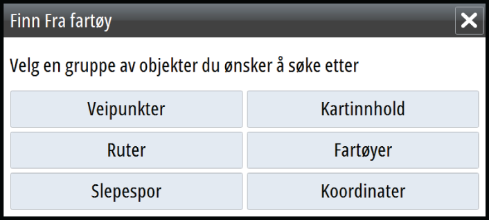 Ú Merk: Du må ha et abonnement på en SIRIUS-datapakke for å kunne søke etter drivstoffstasjoner og en tilkoblet AISmottaker for å kunne søke etter fartøy.