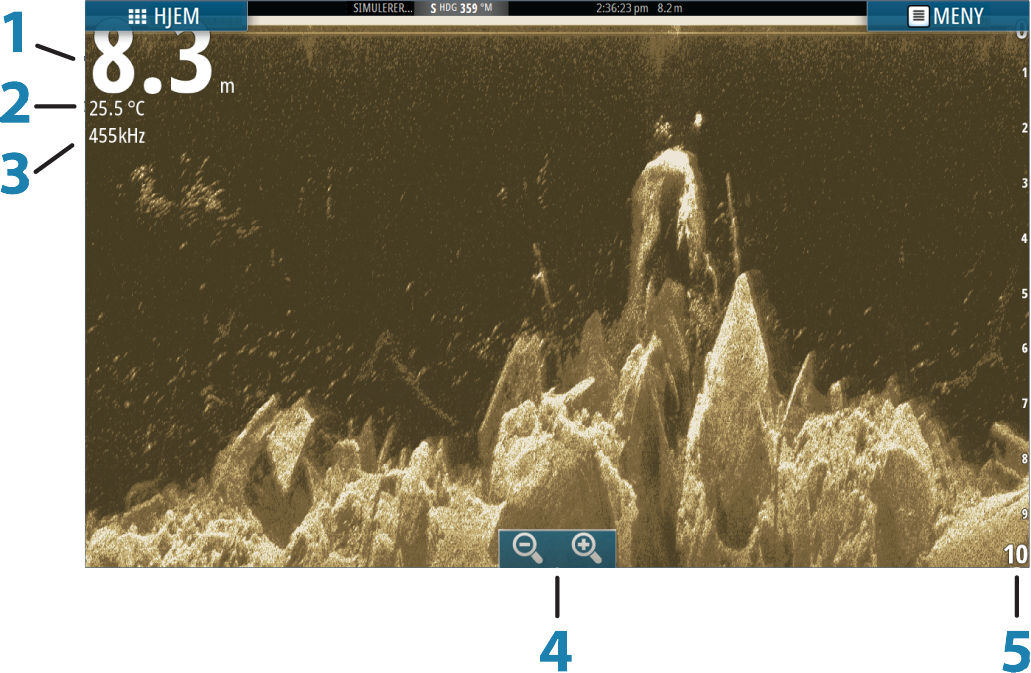 8 DownScan DownScan gir detaljerte bilder av strukturen rett under båten, ned til 92 meter (300 fot).