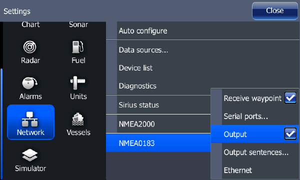 NMEA 2000 Slå på/av deling/mottak av veipunkter over NMEA 2000 nettverket.