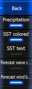 Precipitation color shading City forecast icon SST color bar Storm icons SST color shading Wind barbs Showing detailed weather information When you tap a shaded weather area, available information