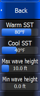 Sea surface temperature (SST) Can be shown as color shading or text. When color coding is selected, the SST color bar will be shown on the left side of the display.