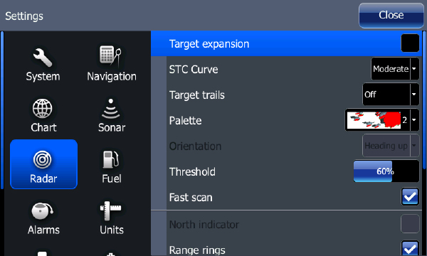 Definere en alarmsone 1. Trykk Alarmsoner i radar meny 2. Trykk på en av Alarmsonene 3. Trykk Juster og trykk og dra over skjermen for å plassere alarmsonen 4.