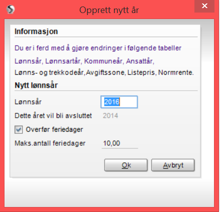 OPPRETTE NYTT ÅR Du oppretter nytt år fra hovedmenyen under "Rutiner / Registrering / Opprett nytt år". Når du skal opprette nytt lønnsår, må du benytte denne knappen. Merk!