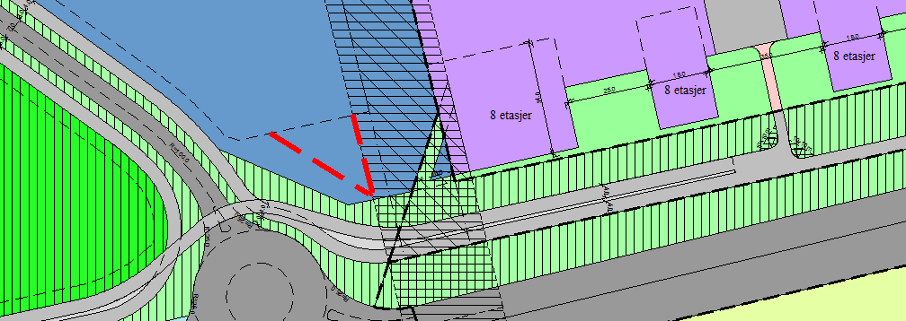 Figur 7 Utsnitt fra reguleringskartbasen med byggegrense utvidet i en spiss mot Åsenvegen. 2.3.