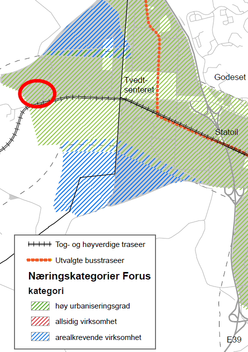 høy urbaniseringsgrad, kategori 1. Regionalplanen legger opp til en utnyttelsesgrad på 160-250 % BRA i slike områder, på grunn av nærheten til kollektivaksen.