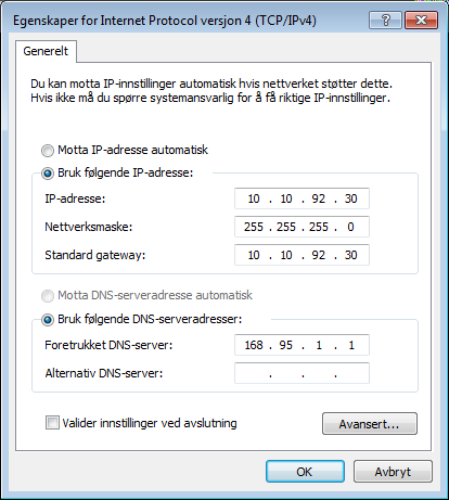 4. Klikk på Internet Protocol versjon 4 (TCP/IPv4) og klikk Egenskaper. 5. Velg Bruk følgende IP-adresse. 6. Angi IP-adresse, Nettverksmaske og Standard gateway.