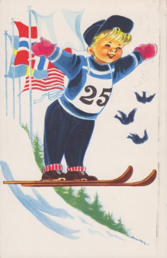 POSTKORT FRA OL I OSLO 1952 NORA AXE av Eivind N. Dahle Nå er vi kommet til den 4. og siste av de fire kunstnerne som laget kort til OL i Oslo 1952.