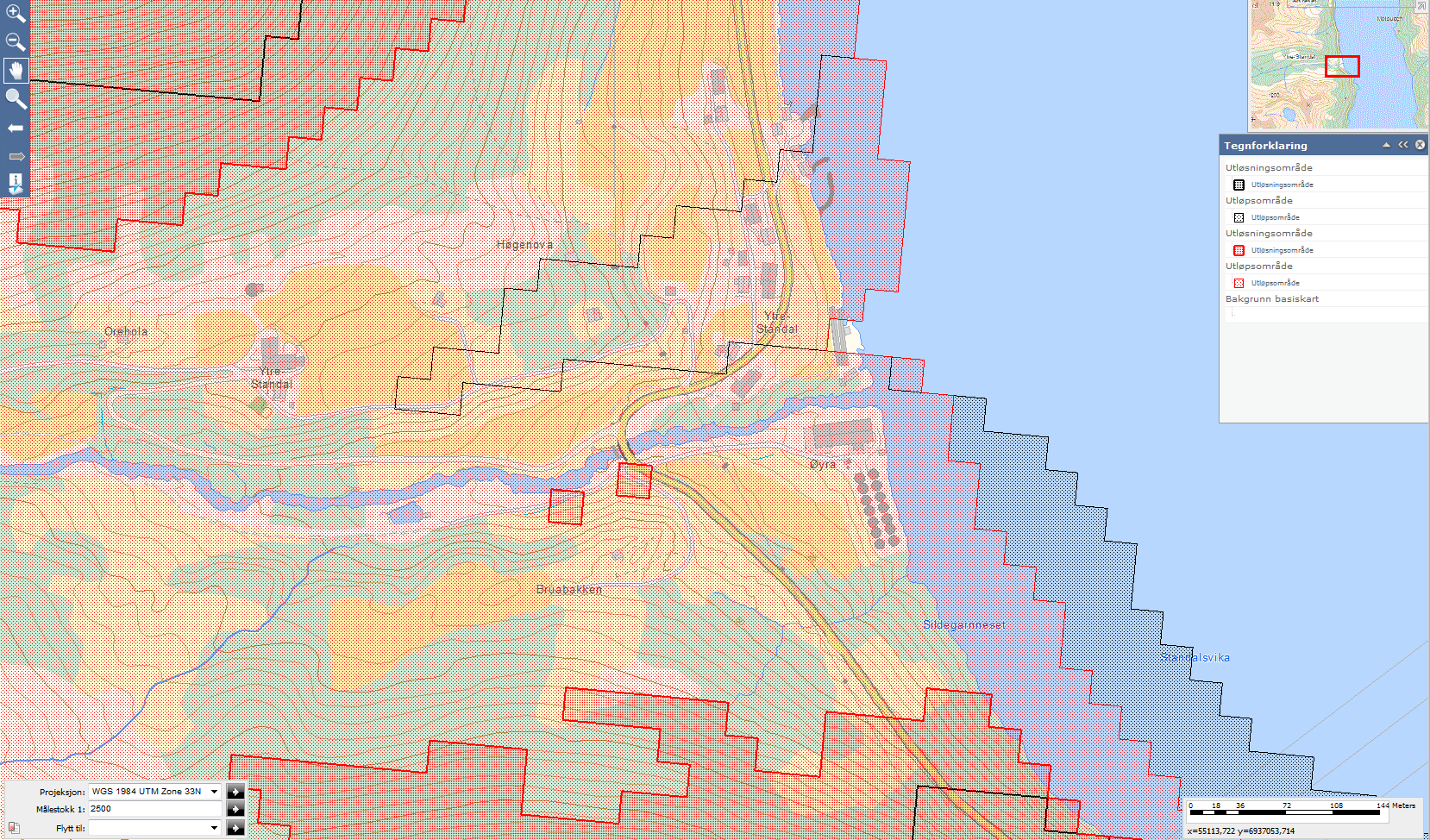 Figur 5: Aktsomhetskart for steinsprang (sort) og snøskred (rødt), NGI. Løsneområder er kraftig skravert mens utløpsområder er svakt skravert.