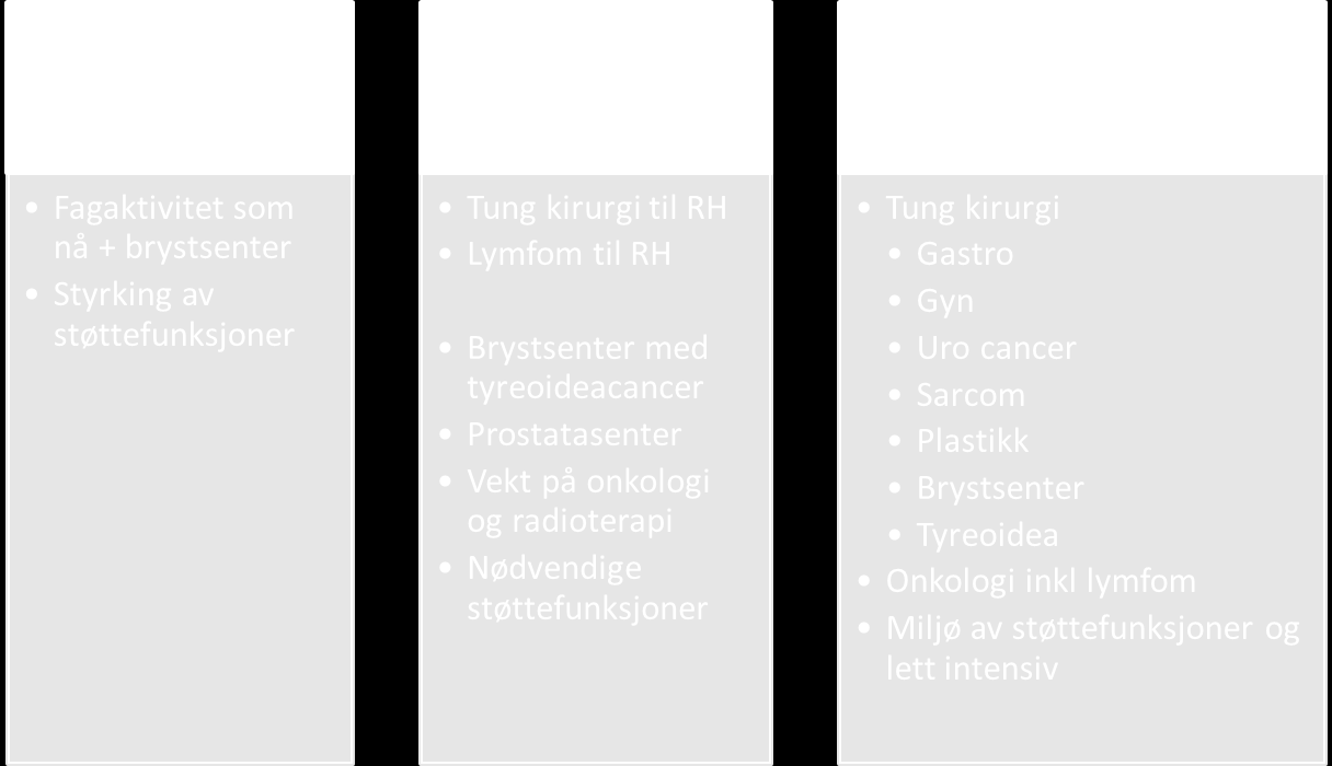 Styresak 49/2015 Oslo universitetssykehus Side 3 av 11 Utredningsarbeidet knyttet til etappeinnhold vil bygge på utredningene om henholdsvis lokalsykehus og kreft, og starter opp over sommeren.