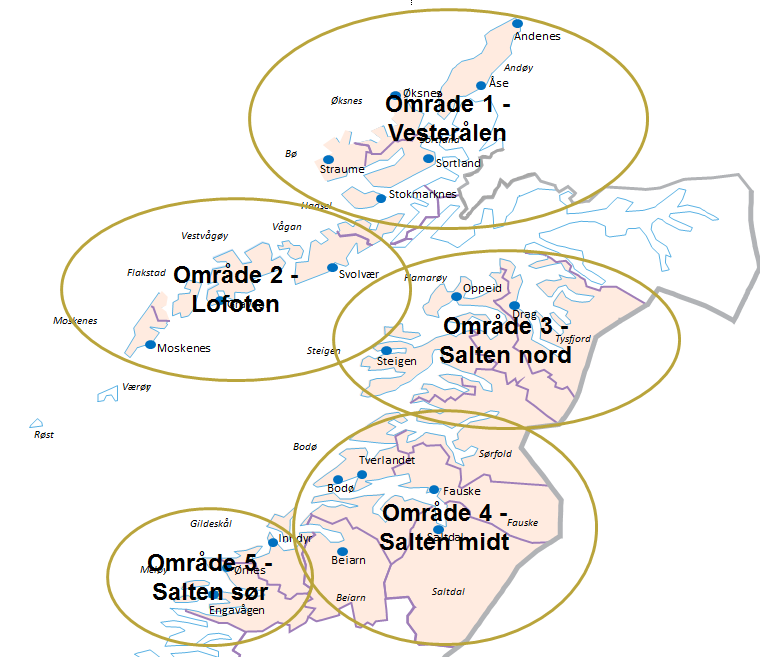 Figur 10: Foreslått fremtidig områdeinndeling Med iverksettelse av ny driftsmodell vil man kunne oppnå besparelser uten å redusere antall faste årsverk i tjenesten.