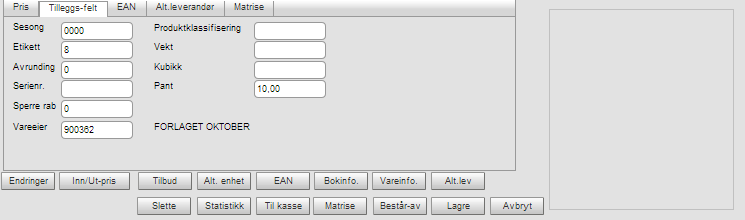 Page 9 of 17 Fanen tillegg Følgende felter er aktuelt for bokhandel: Etikett: Hvilket etikettformat skal brukes ved utskrift av etiketter på varen (Ref Vedlikehold Etiketter (BD89)).