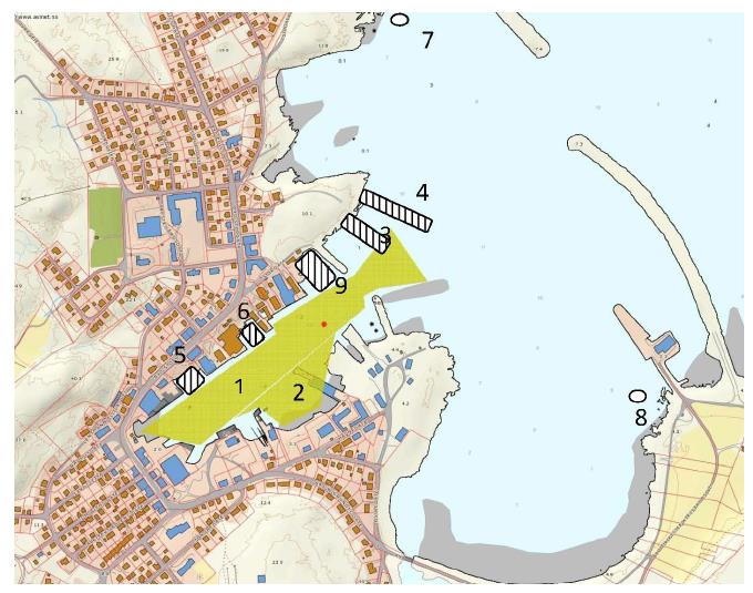 Oversikt områder Det er utført egne undersøkelser i mulige deponiområder i ytre havn (7 og 8, samt mellom DS-kai og Revnesmoloen).