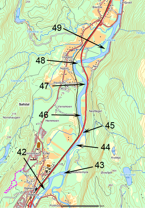 Vedlegg 5. Rapporteringslokaliteter fra drivtelling av gytefisk i fra og med Russånes til samløpet med Vasselva i Saltdalselva i 2010.