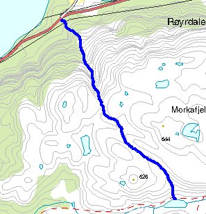 1. Hegdabakken starter fra en liten parkeringsplass i høyde 40m ved enden av Ragvatnet rett før veien (R-45) går opp mot Røyrdalen i retning Dirdal.