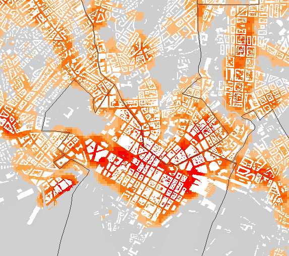 Fotgjengerbyen: Kartet viser fortettingen av publikumsrettede tilbud (2005) i sentrum og langs strøksgatene og gir