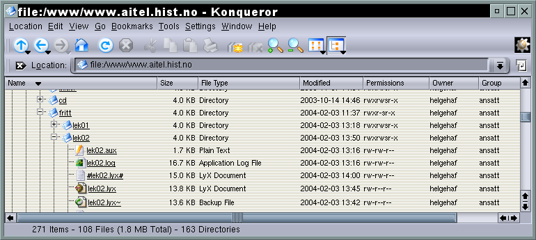 side 6 av 10 Figur 2.1: Konqueror viser filer i en mappe vise filene i en mappe. For å åpne en fil eller mappe er det bare å klikke på den.