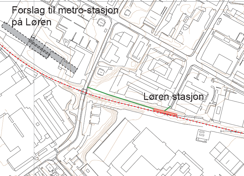 Persontrafikk på Alnabanen - utredning 31 Løren Figur 4-10 viser mulig prinsipp for Løren stasjon med dobbeltspor. Det er vist ny bru over banen ved stasjonen, med atkomst mot Lørenvangen i nord.