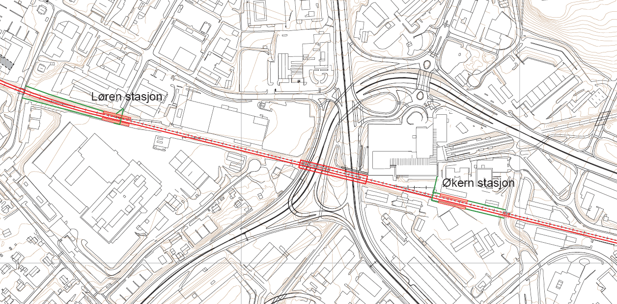 Persontrafikk på Alnabanen - utredning 32 Løren-Økern Figur 4-12 viser strekningen Løren-Økern med dobbeltspor. Nytt spor er vist på sørsiden av eksisterende spor.