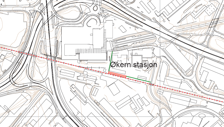 Persontrafikk på Alnabanen - utredning 33 Økern Figur 4-13 viser mulig prinsipp for Økern stasjon med dobbeltsporet Alnabane.