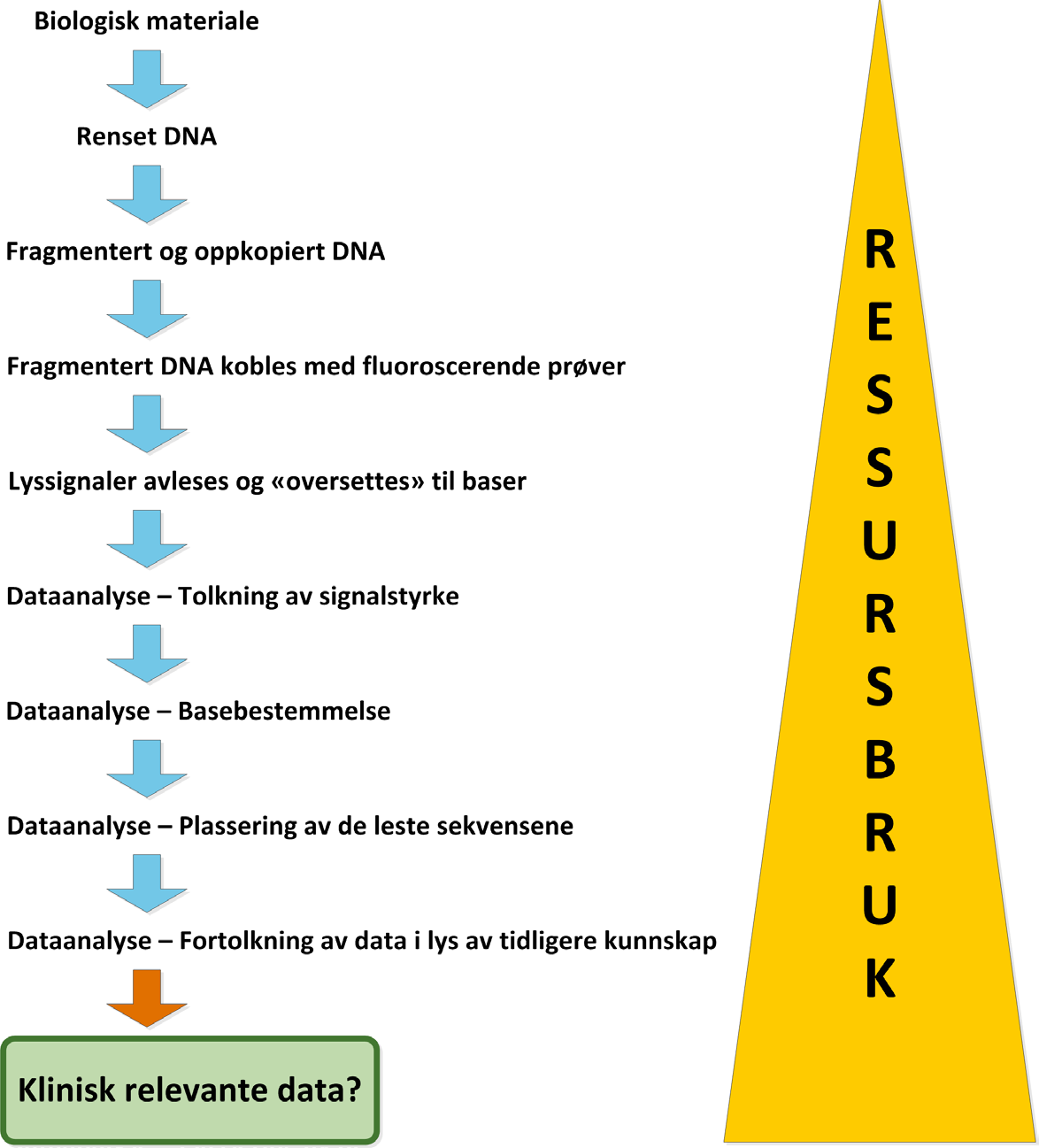 8 GOD BIOETIKK BEDRE SAMFUNN Figur 3.1. Illustrasjon av de ulike trinnene i en helgenomanalyse. Analysen krever både avansert teknisk utstyr og spesiell kompetanse for å tolke de primærdata man får.