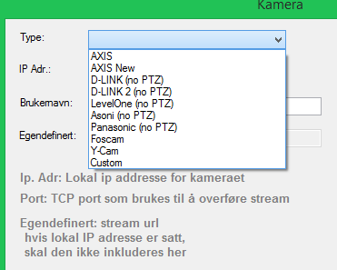 6.2.3.3.3 Kamera Ved å trykke på knappen, vil man få opp vinduet til høyre. Her kan man legge inn adresse, port, brukernavn og passord til kamera.