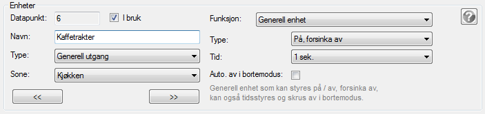 6.2.4.7.3 Generell utgang En generell utgang er utganger som verken brukes til lys- eller varmestyring. Generelle utganger kan defineres til ulike funksjoner: 6.2.4.7.3.1 Generell enhet En generell enhet kan være av ulike typer: 6.