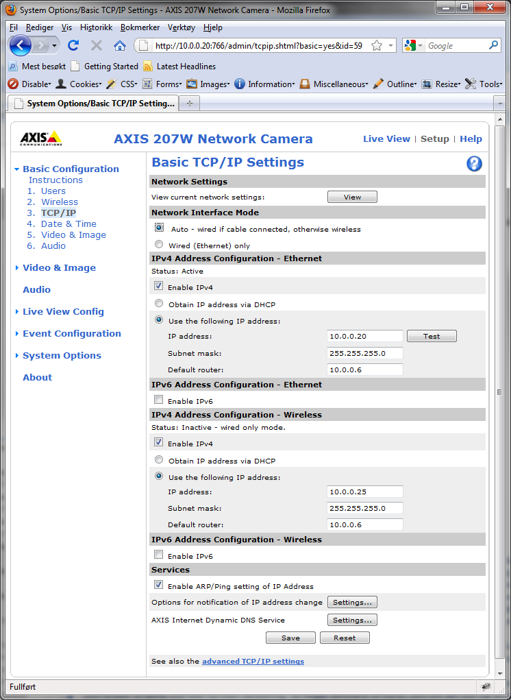 13.2.2 Sette fast IP-adresse Kameraet må ha fast IP-adresse for at det skal kunne nås fra Sensio-systemet. Dette settes opp på følgende måte. 2. Gå til Basic Configuration c. Velg TCP/IP i.