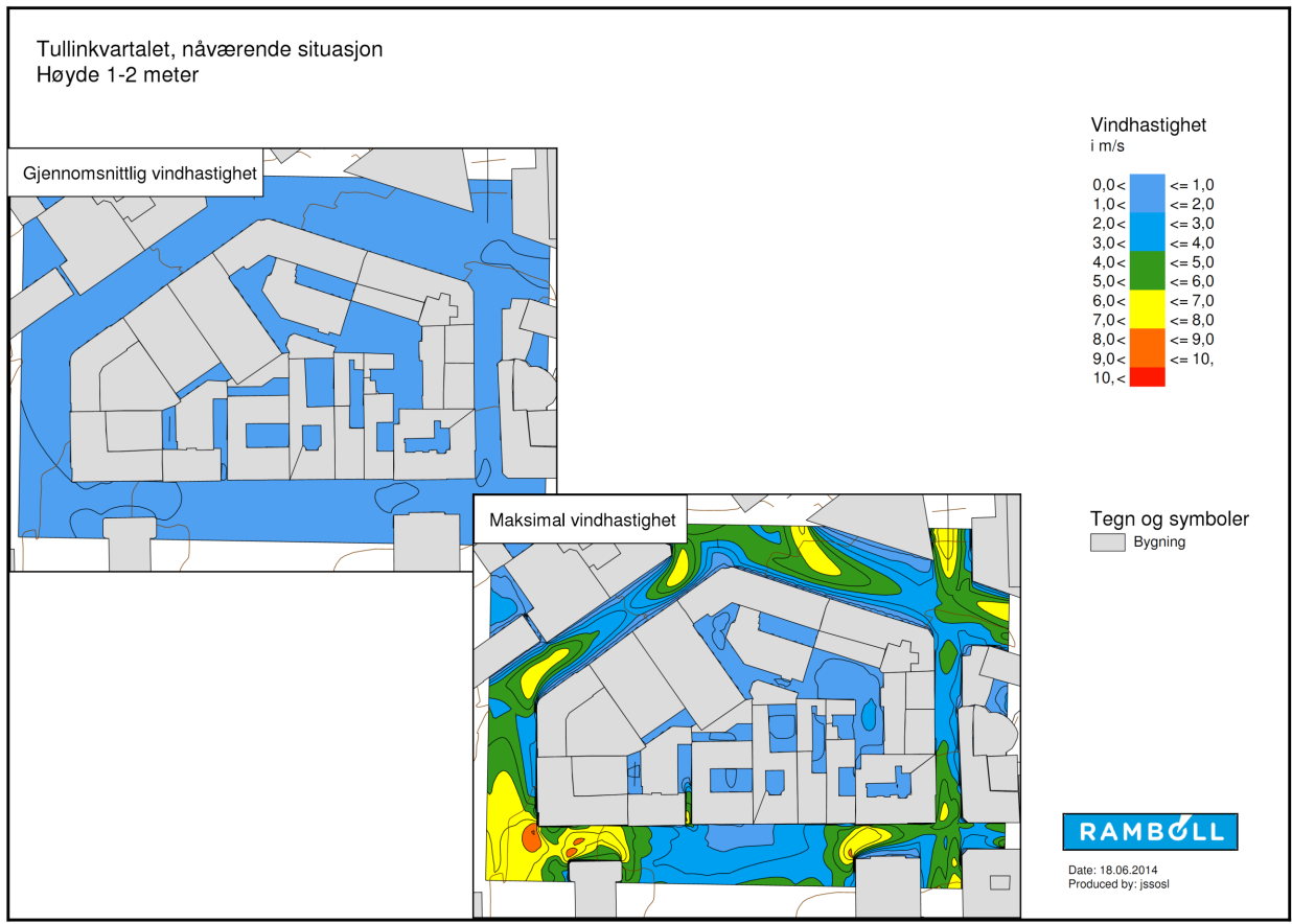 Saksnr: 201200848-88 Side side 33 av 115 Vindforhold Det er utarbeidet en rapport for vindforhold for Tullinkvartalet basert på måledata fra Blindern for 2012.