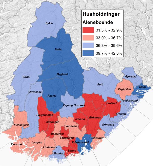 Husholdninger Andelen aleneboende har vært økende på landsbasis siden tidlig i forrige århundre, og per 2014 bestod 40 % av alle husholdninger av aleneboende.