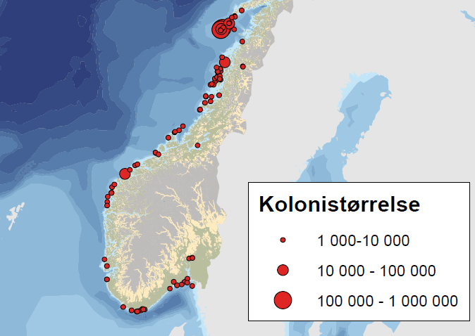 Fig. 2.4 Sjøfuglkolonier langs kysten av Skagerrak, Nordsjøen og Norskehavet med mer enn 1000 hekkende par Norges vassdrags- og energidirektorat, 2010.