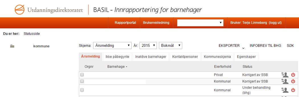 Kommune 1. Kommunen skal generere informasjonsbrev som sendes til alle barnehagene som skal rapportere årsmeldingen.