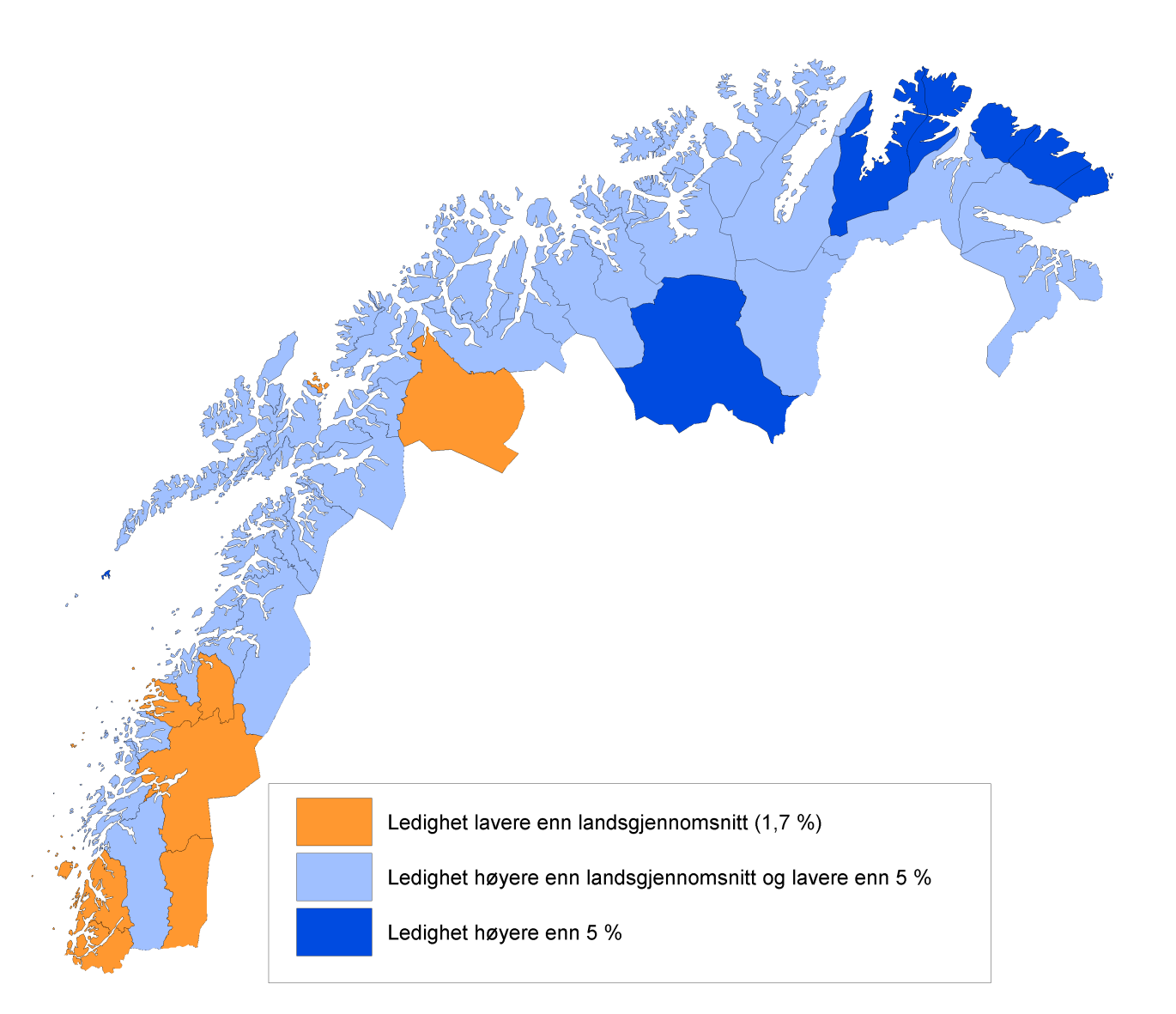 Arbeidsledighet i Nord-Norge i prosent 28.2.2010 Hele landet 3,2 % Nordland 3,1 % Tromsø 2,8 % Finnmark 4,0 % Kilde: SSB Det er imidlertid store forskjeller innad i landsdelen.