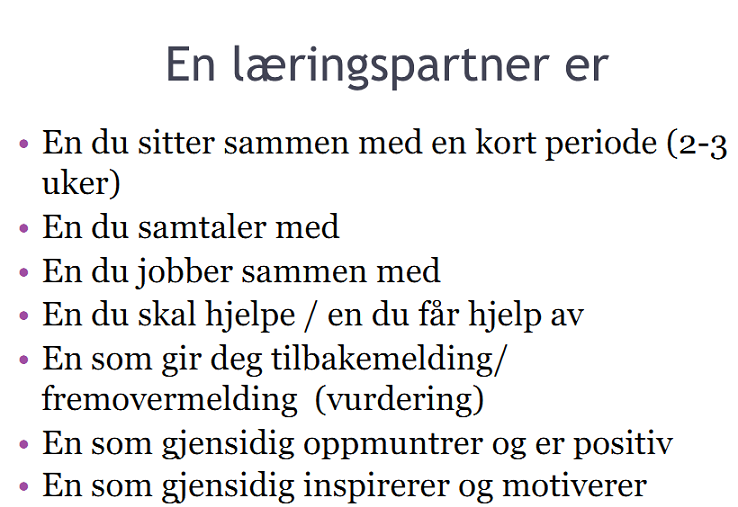 Læringspartner: Læresamtalen Samtalen har fire runder og foregår i par. Snakk etter tur. Begge må si noe i hver runde. 1. runde: - Startord: Jeg har lært at. 2.