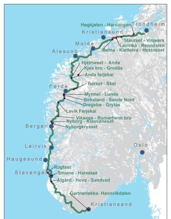 E39 Figur 10: Prosjekt omtalt i NTP 2006-2010 Figur 9: Prosjekt omtalt i NTP 2010-2019 2.3.1 Oppfølging av handlingsprogrammet frå 2007 Det førre handlingsprogrammet til Vestlandsrådet formulerte