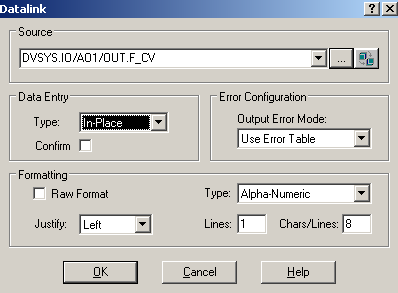 6 Opplæringsmatriale Figur 6-20 Datalink. «Type» velges til «Numeric» og «Data Entry» til «In-Place».