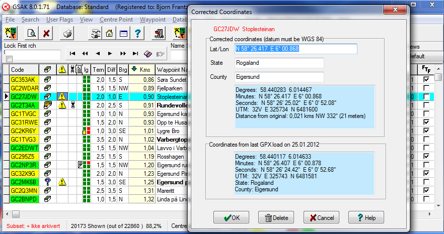 Corrected Coordinates Corrected coordinates: Overstyrer, men erstatter ikke de originale koordinatene Blir behandlet som originale ved kopiering til GPS mm.