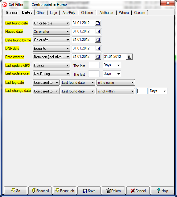 Filter Dates tab Alle felt har de samme mulighetene: 1 Not applicable On or before -> dato On or after -> dato Equal to -> dato Between (inclusive) -> dato - dato During -> # (2) Not during -> # (2)