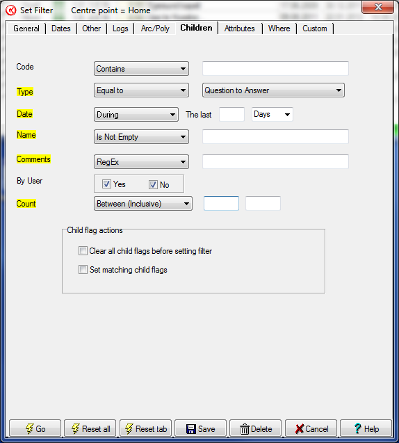 Filter Children tab 1 2 Contains Does not contain RegEx Not(RegEx) Contains Does not contain Equal to Not equal to Is empty Is not empty In list RegEx Not(RegEx) 1 2 4 6 6 5 6 7 Contains Does not