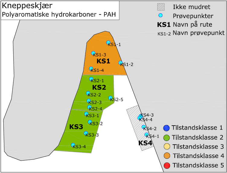 Side 7/13 Figur 9. Kart over Kneppeskjær som viser innholdet av PAH i overflatesedimentet (0-10 cm). Figur 10.