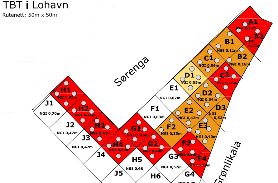 Figur 15. Kart som viser tilstandsklasser for benzo(a)pyren, PAH, PCB og TBT i overflatesedimenter (0-10cm) i Lohavn.