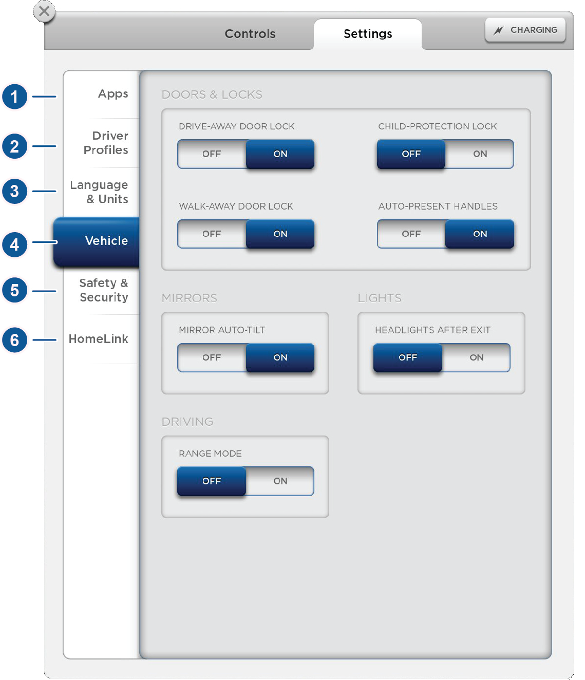 Touch screen innstillinger Touch screen innstillinger Touch screen innstillinger Tilpasse Model S Berør fanen Settings i Controls-vinduet for å justere Model S etter dine preferanser.