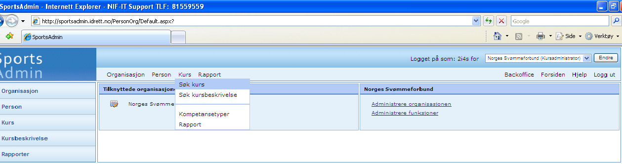 SportsAdmin Brukerveiledning Registrering av kurs, NSF Det er laget en maler for opprettelse av nye kurs, til hjelp for arrangører og kurslærere. Fig 1 Trykk Søk kurs. Skriv inn prosjektnr.