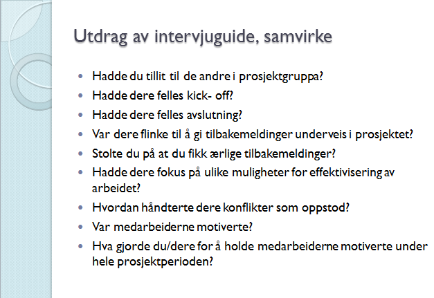 Under følger et utdrag av spørsmålene som ble stilt under delkapittelet «samvirke»: 3.4.2 Analyse Samhold Det ble ikke arrangert noe kick-off ved oppstarten av prosjektet.