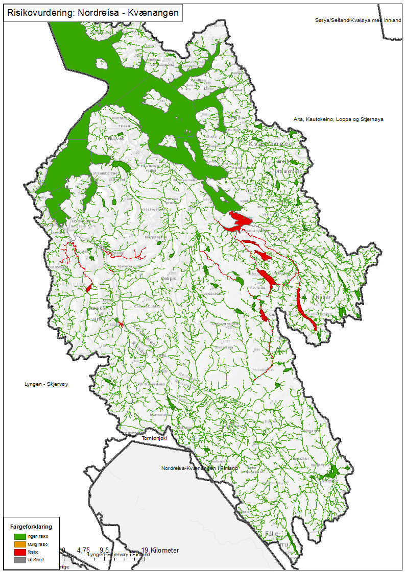 3.2.6 Vannområdet Nordreisa-Kvænangen Figur 3.7 Viser et overordnet kart for vannområdet Nordreisa-Kvænangen. Risikostatus for de enkelte vannforekomster vises med ulik farge.