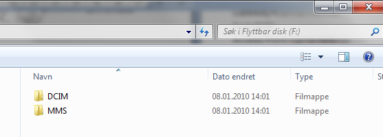 3) Velg Åpne mappen for å vise filene 4) Da får du opp følgende kataloger på ditt SD minnekort 5) Merk mappen MMS ved å klikke på den slik at den blir farget blå 6) Trykk CTRL-C eller høyreklikk med