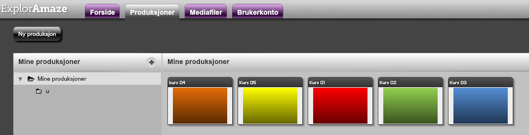 Administrasjon av produksjoner og mediefiler Forside Her finner du en oversikt over dine sist brukte produksjoner, du vil også se hvilke produksjoner som er