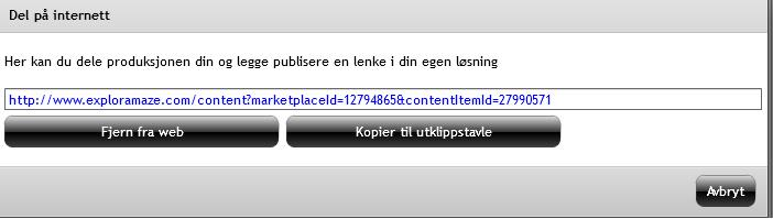 Når du har valg å aktivere lenken får du mulighet til å kopiere denne eller deaktivere lenken Fjern fra web. Denne vil da ikke føre til produksjonen din når den er deaktivert.