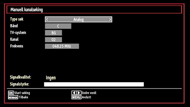 Du kan velge Digital Aerial, Analog eller Digital Aerial- Analog innstilling ved hjelp av / eller OK. Bruk av menyen automatisk kanalsøk Digital: Søker etter og lagrer antenne DVB stasjoner.