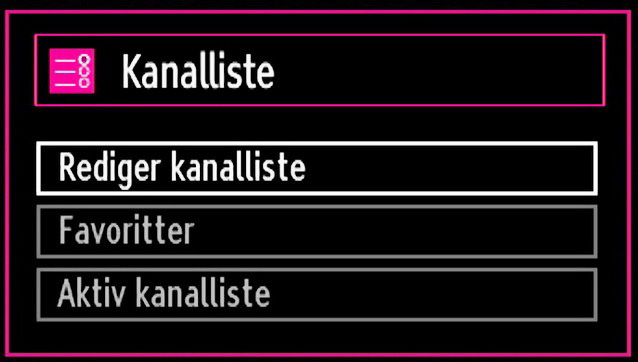 Du kan redigere denne kanallisten, stille inn favoritter eller stille inn aktive stasjoner som skal lsitet opp ved bruk av valget Kanalliste. Klikk MENU for å se hovedmenyen.